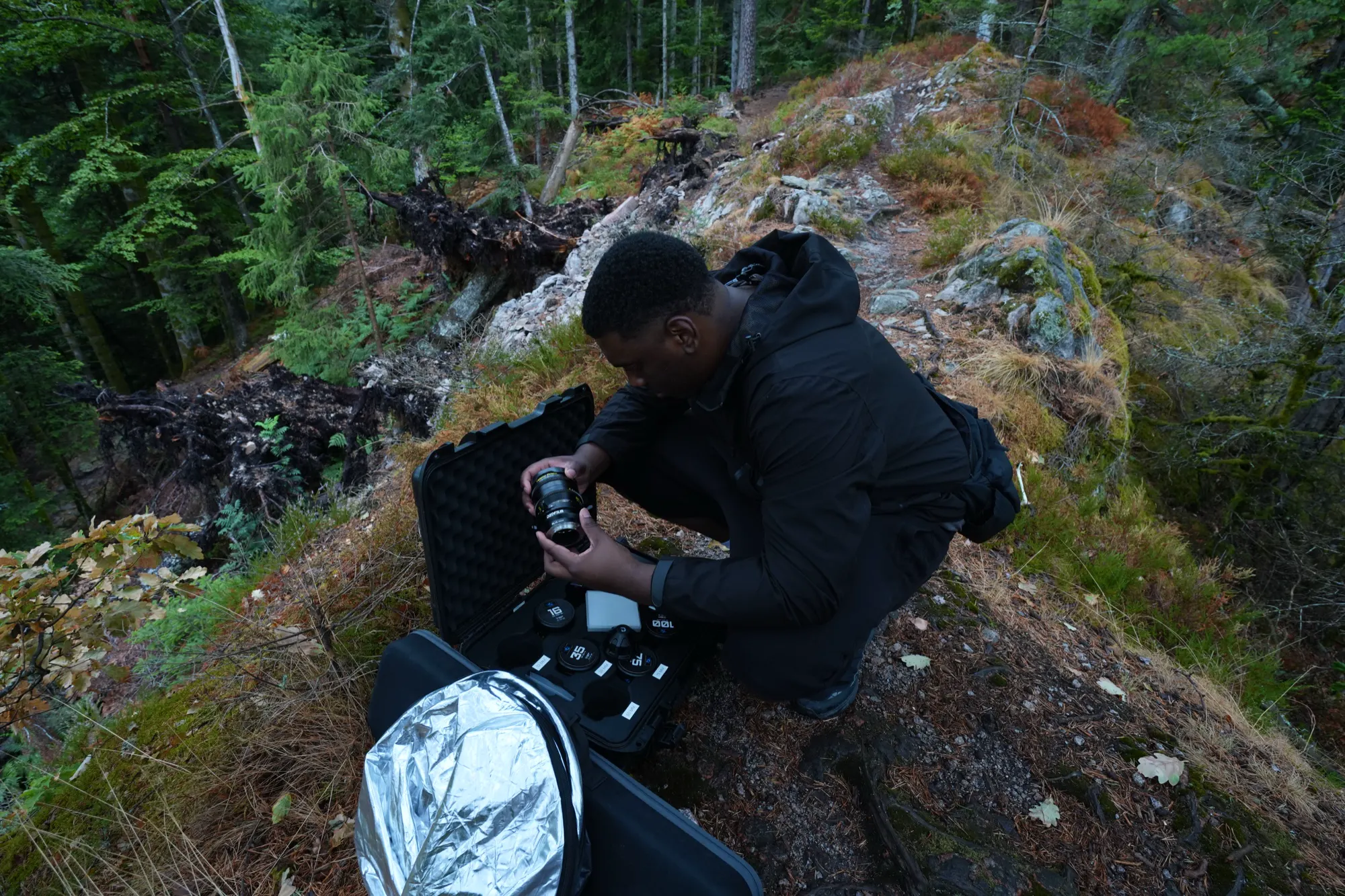 Changing lenses on location in the woods