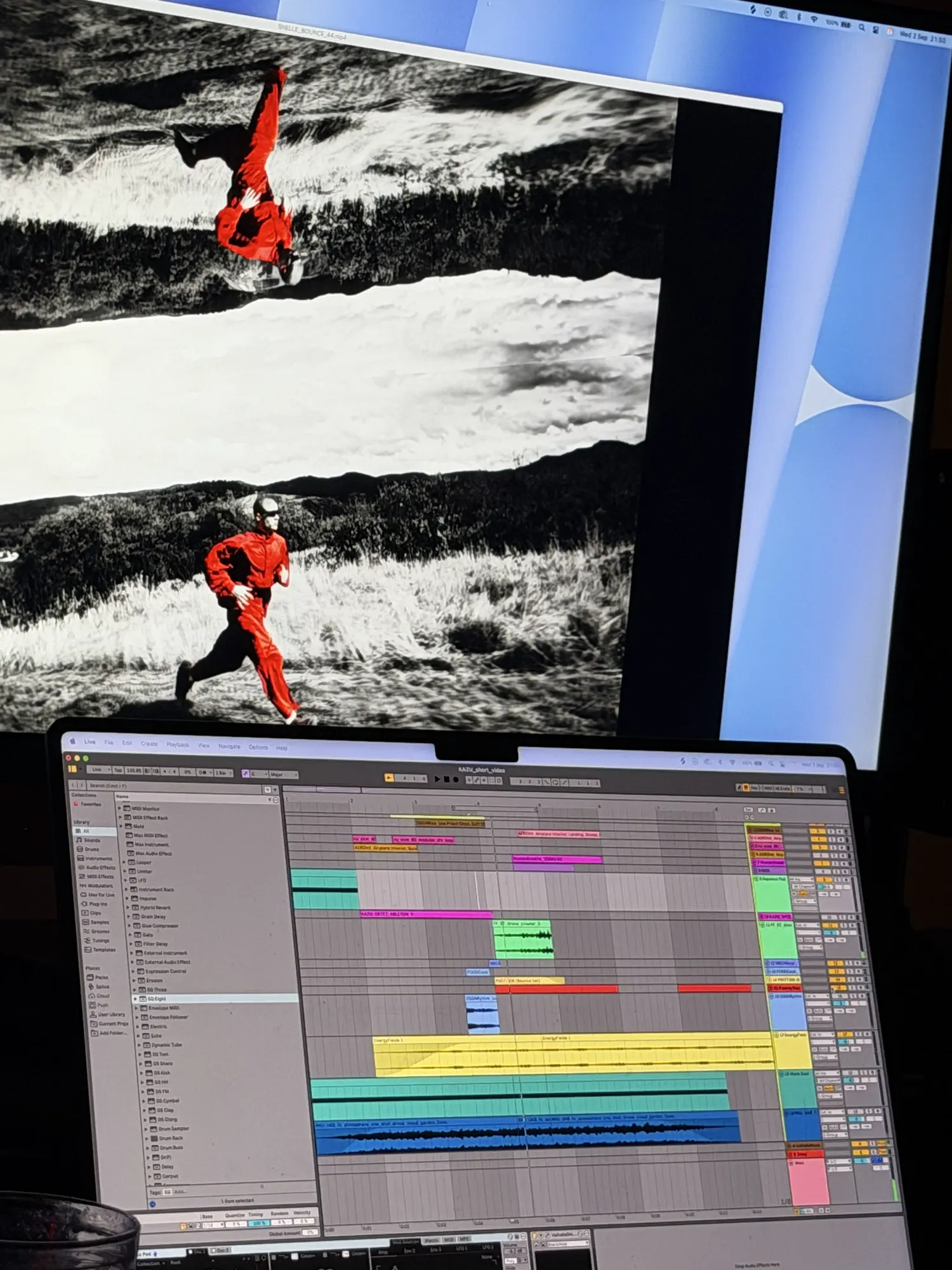 The edit and the colour grade side by side on two screens